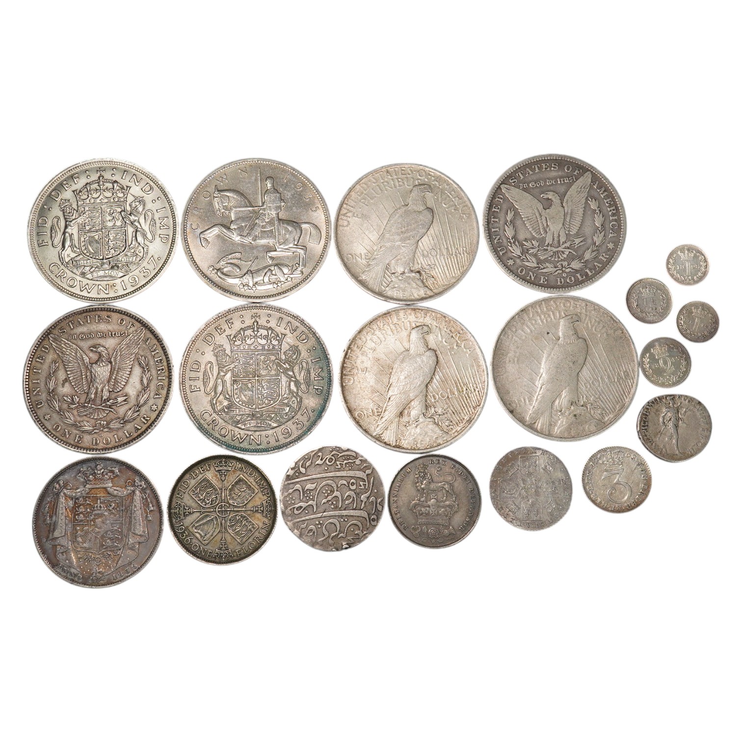 British and world silver coins, to include George IV shilling 1825, VF, George III sixpence 1787, EF, William IV halfcrown 1836, VF, George III to Victoria Maundy money; 1763 3d, 1842 2d and 1d, 1828 1d, 1845 1 1/2d toge